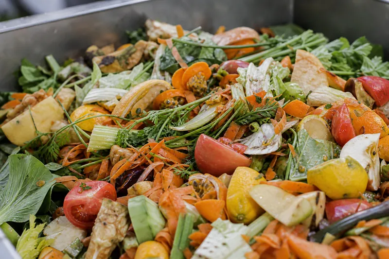 Biodéchets alimentaires très colorés&nbsp;: épluchures et restes de fruits et légumes