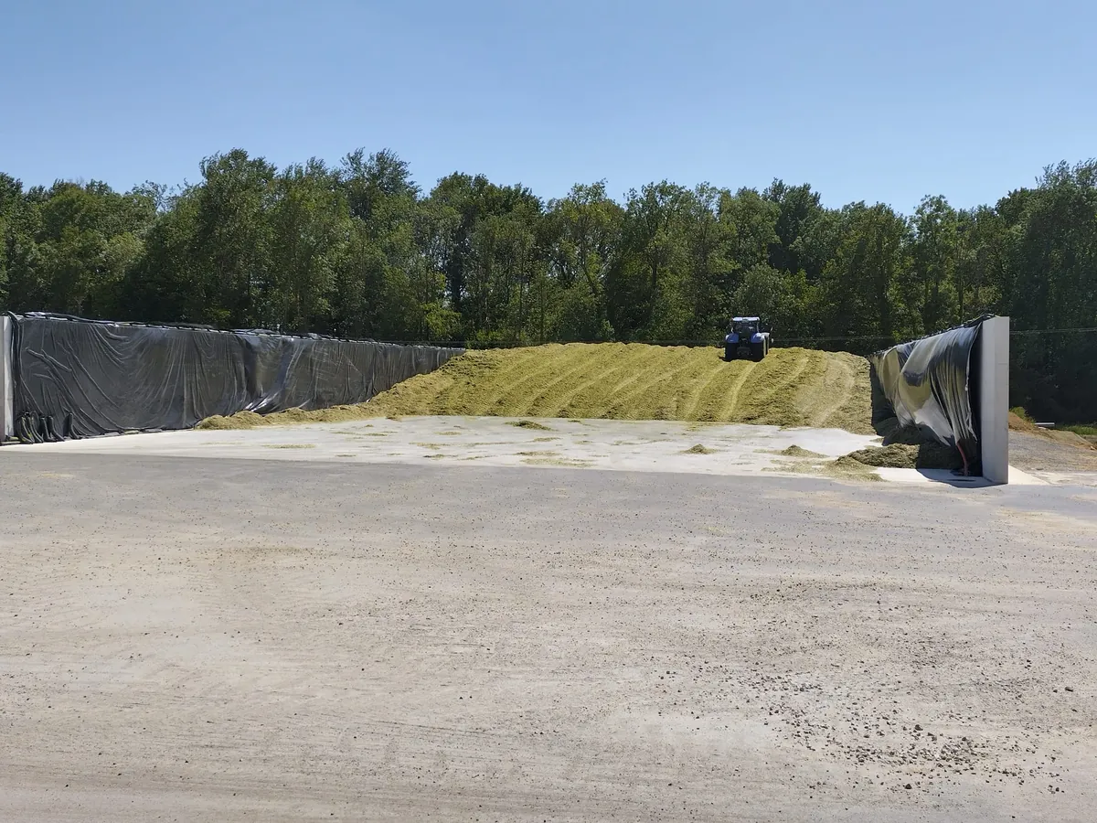 Tas d&rsquo;ensilage de cultures intermédiaires tassé au tracteur entre deux murs bâchés