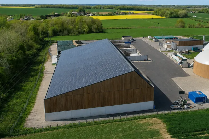 Vue aérienne du bâtiment fermé de réception des matières, sur le site de La Michée